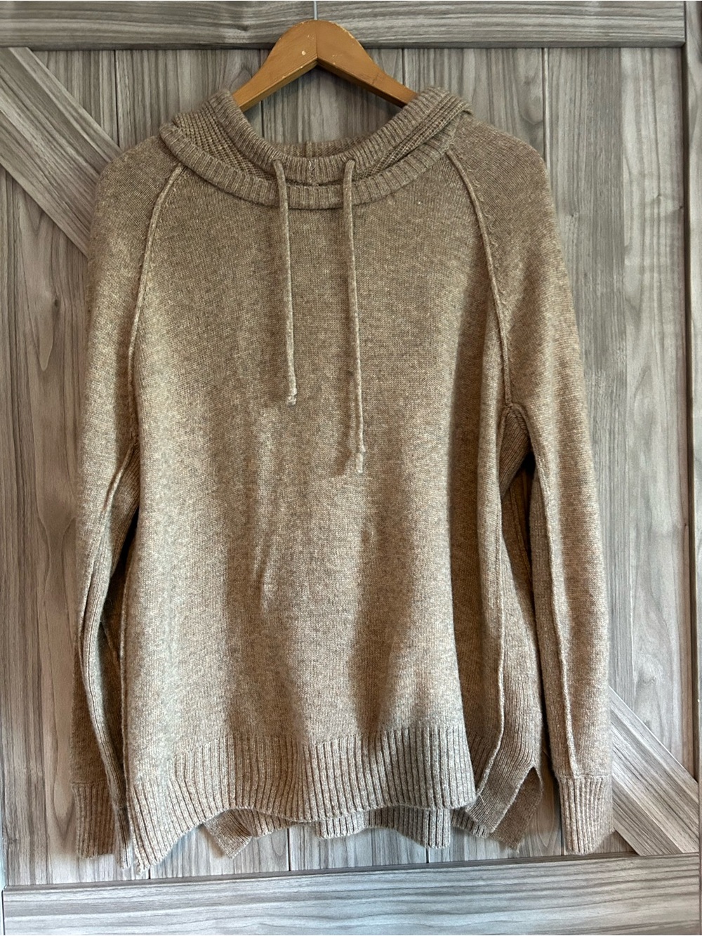 100% Cashmere Knit Drawstring Hoodie Sweater Driftwood Tan Flat 22"x27"